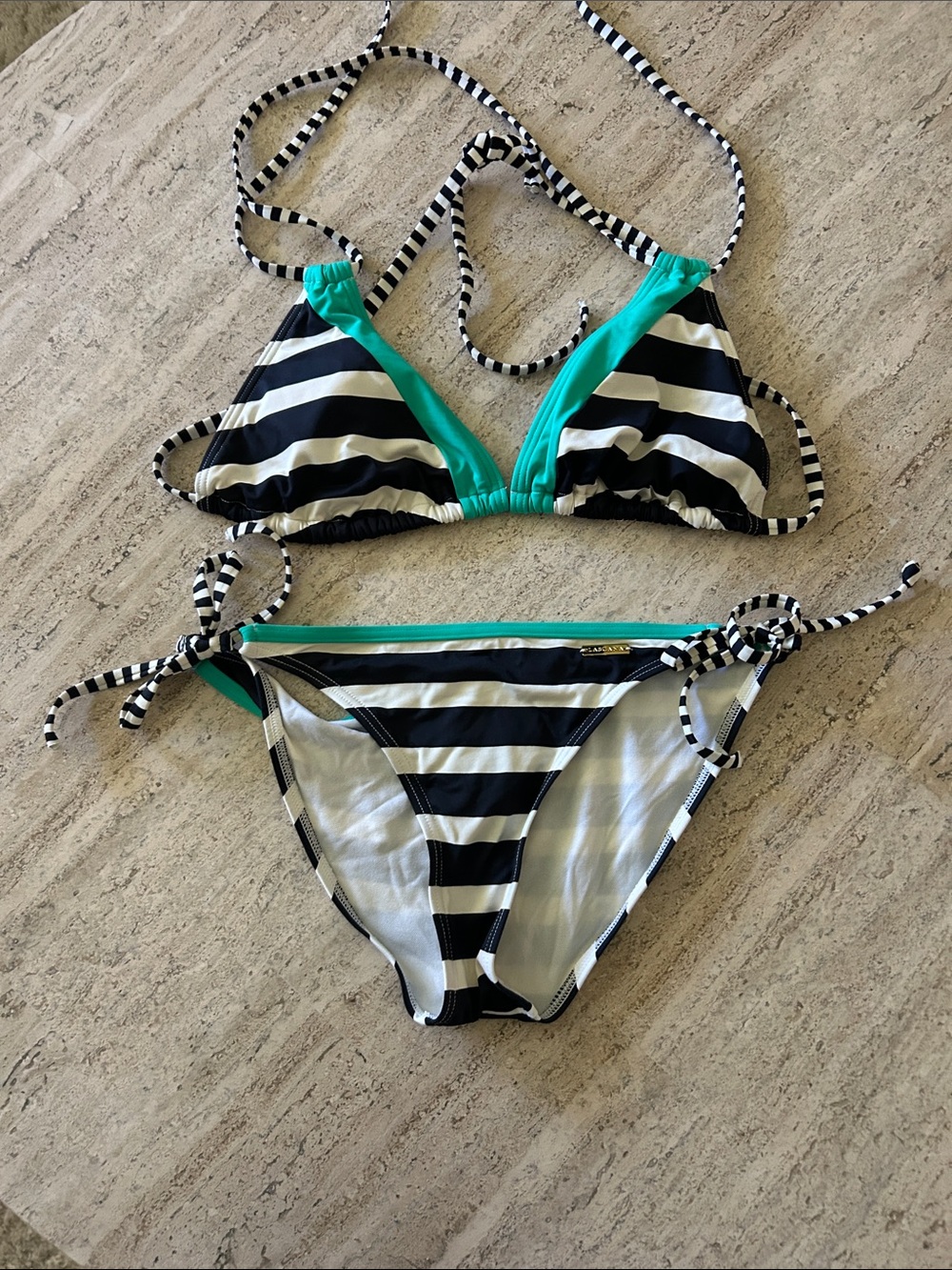Black & White Striped Triangle Bikini with Teal Trim